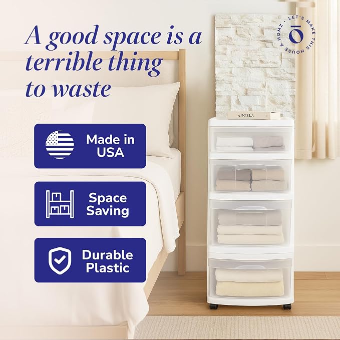 HOMZ Drawer Tower, 4-Tier Storage Cart with Removable Wheels, White Frame | Clear Plastic Rolling Drawers for Desk, Dresser, Cabinet, Bedroom, Bathroom, Classroom & Office
