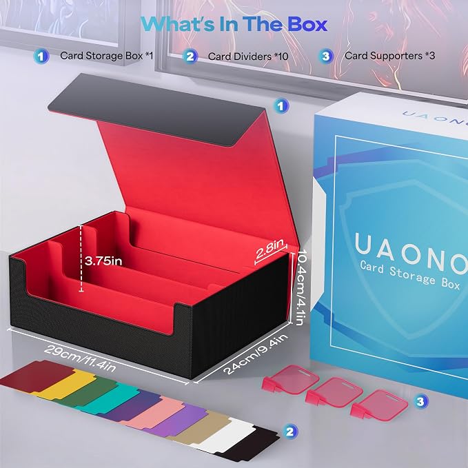 UAONO Trading Card Storage Box, Holds 1800 Sleeved Cards with 10 Dividers & 3 Stoppers, Magnetic Closure PU Leather Card Case for MTG, PTCG, YGO, Sports Cards (Black&red)