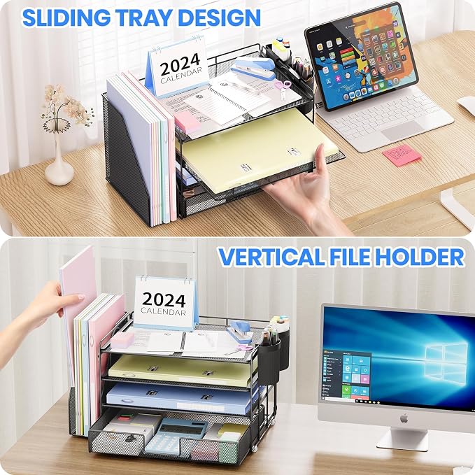 Desk Organizer, 4-Tier Desktop File Organizer with Drawer and Pen Holders, Office Desk Accessories, File Sorters, Workspace Organizers for Office Supplies(Black 2-Pack)