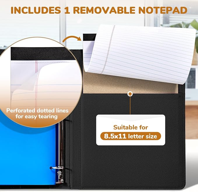 JoyCat 3 Ring Binder Clipboard with Storage, 5 Folders, Black | 3 ring clipboard portfolio combines five expandable folders, a refillable letter-size notepad and storage