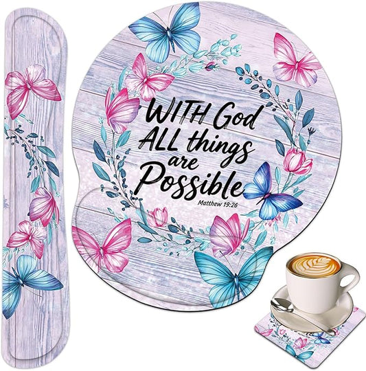 Keyboard Wrist Rest and Mouse Wrist Rest Pad with Cup Coaster,Made of Memory Foam,Ergonomic Support,Easy-Typing and Pain Relief,for Gaming Office Home Computer,with God All Things are Possible Floral