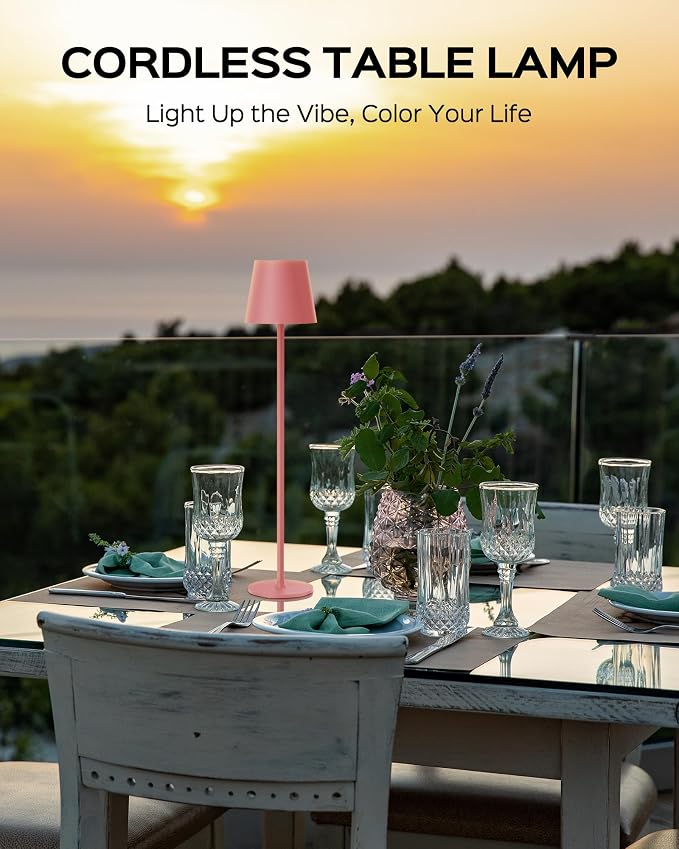 JACKYLED Cordless Table Lamps Rechargeable, 3 Adjustable Height, 5000Capactiy Opwer Operated, 3 Colors Smooth Dimming, Portable LED Waterproof Table Lamp for Dining, Bedroom, Outdoor ((2 Pack Pink)