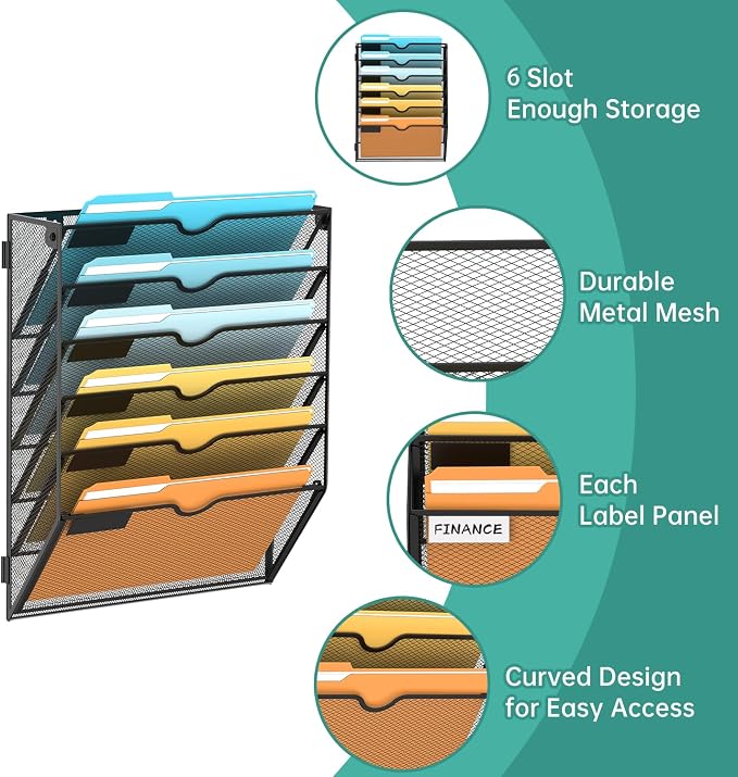 6 Tier Wall File Organizer, Hanging Wall Mounted Mail Organizer with Label Slots, Metal Mesh File Holder Magazine Rack for Office, Home, School or Classroom, Black, 2Pack