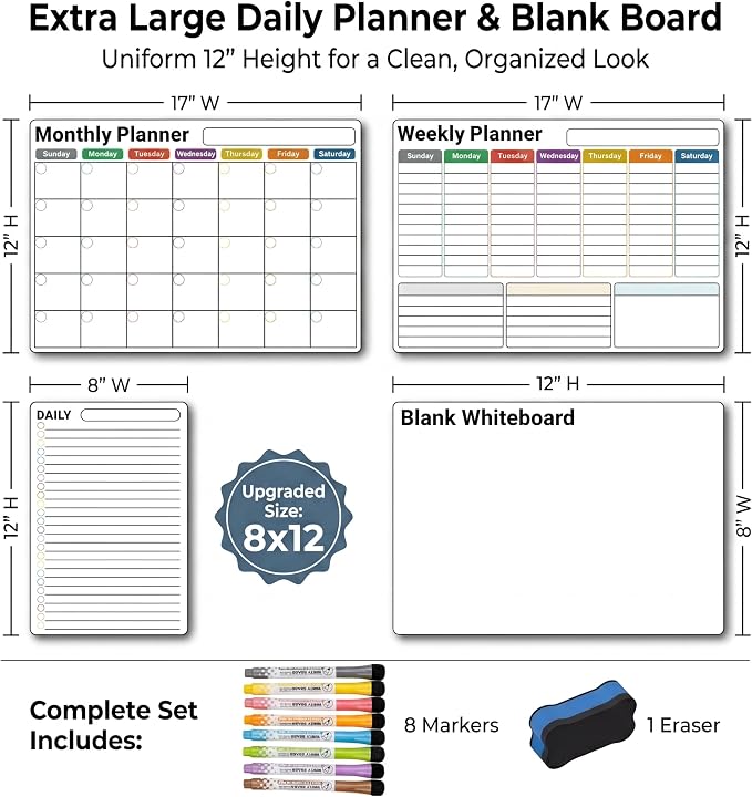 Magnetic Calendar for Refrigerator, Fridge Calendar 4-Pack | Monthly Weekly XL Daily & Blank Dry Erase Calendar Set with Nano-Tech Surface, 17"x12" Magnetic Boards, 8 Markers & Eraser