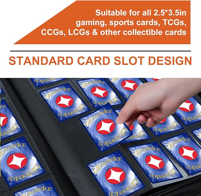 GEAoffice 16 Pocket Trading Card Binder for 1000+ Cards, Ringless Side-Loading 4x4 Card Binder with Zipper Closure, PU Leather 1024 Card Binder for MTG/TCG/Baseball/Sports&Game Cards, Orange