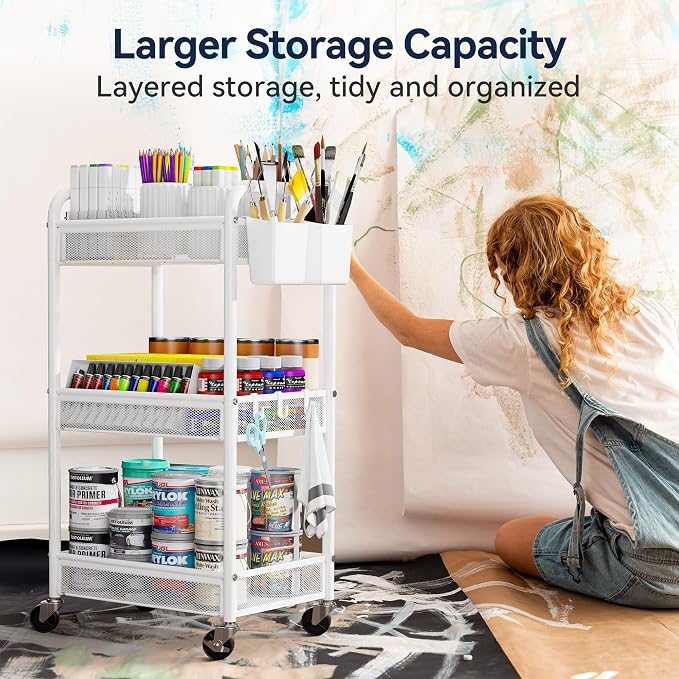 3 Tier Metal Rolling Cart, White Utility Storage Cart with Wheels | Metal Mesh Craft Cart With Hooks & Hanging Cups, Ideal For Kitchen, Bathroom, Office, Dorm, Art Workspace, Bedside Storage