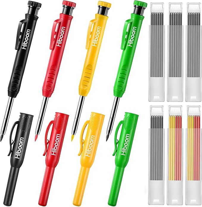 Hiboom 4 Pack Carpenter Pencil with 36 Refills Built In Sharpener (Multi) | Concrete Wood Metal, Deep Marking, Multi-Color Refills, 2.8mm Lead, Construction Work, Waterproof, Carpenter Builder DIY