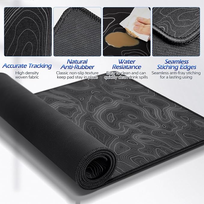 Gimars 4 in 1 Mouse Pad and Keyboard Wrist Rest Set, Large Mouse Pad with Memory Foam Wrist Support Pad for Desk with Coaster, Easy Typing Pain Relief, Gaming Office Home 31.5x12 in, Topographic Map