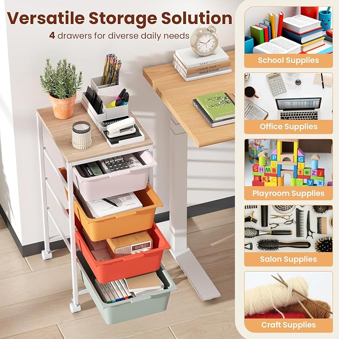 Giantex Rolling Storage Cart with 4 Drawers, Utility Cart w/Wooden Tabletop, Lockable Wheels, Multipurpose Organizer for Art Craft Scrapbook Paper, Drawer Carts for Dorm Classroom Office, Macaron