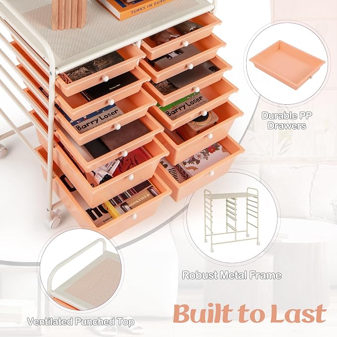 12 Drawer Rolling Storage Cart, Craft Cart Organizer on Wheels w/Metal Frame, Large Capacity & Smooth Drawer, Rolling Cart w/Drawers for Classroom, Office
