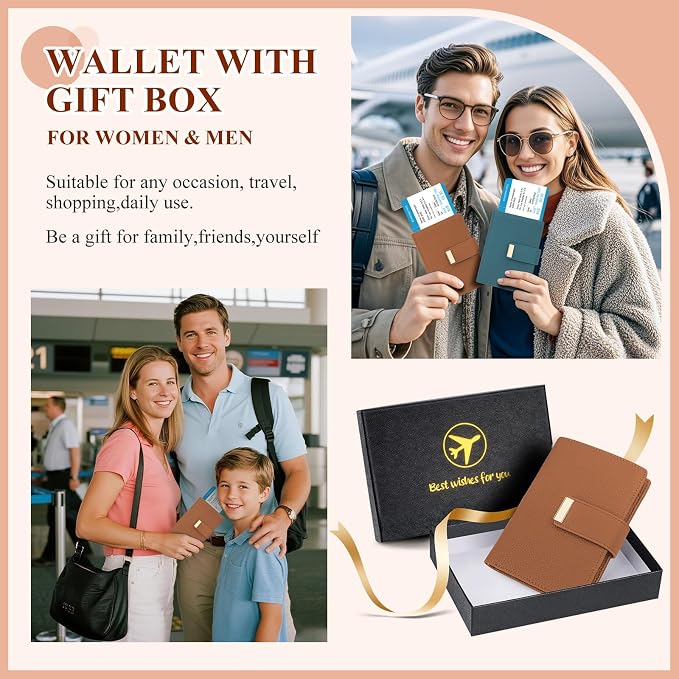BKNOOU Passport Wallet with Airtag Slot- Leather Travel Passport Holder for Women & Men, Slim RFID Blocking Travel Passport Holder Holds Cards & Tickets & Cash (Brown)