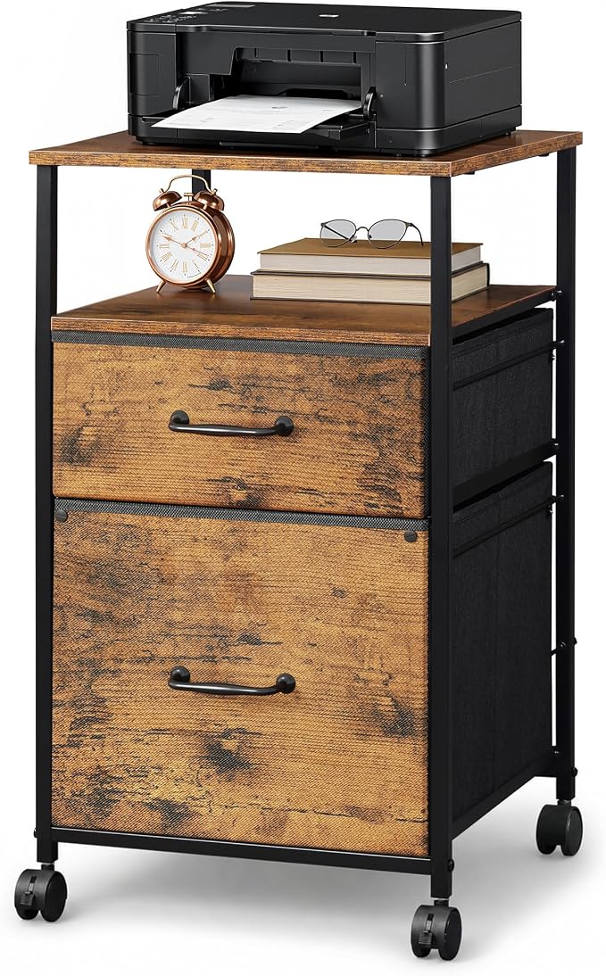 DEVAISE 2 Drawer Mobile File Cabinet with Open Storage Shelf | Rolling Printer Stand, Fabric Vertical Filing Cabinet fits A4 or Letter Size for Home Office, Rustic Brown Wood Grain Print