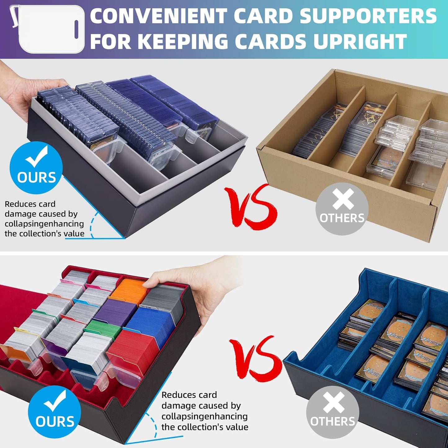 AFIING Trading Card Storage Box 6000+ Capacity – DIY Toploader Case w/ 24 Dividers & 8 Supports, Fits 3x4 Rigid Card, Deck Box for MTG TCG Sports Cards– Black & Red