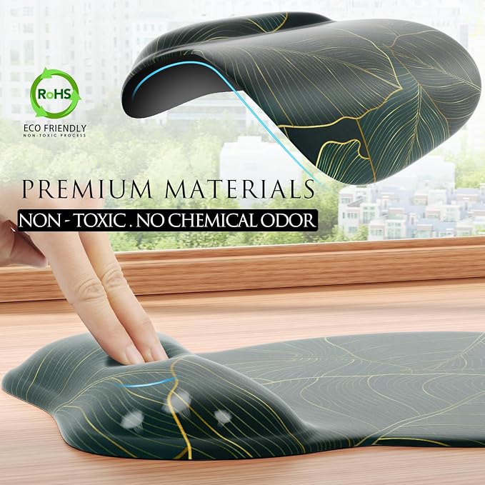 MROCO Ergonomic Mouse Pad with Gel Wrist Rest, 9.4 x 8.1 in, Green Leaves | Ergonomic Shape Design, Multiple Pattern Options, Gel Wrist Comfort, Smooth Lycra Surface, Non-Slip PU Base