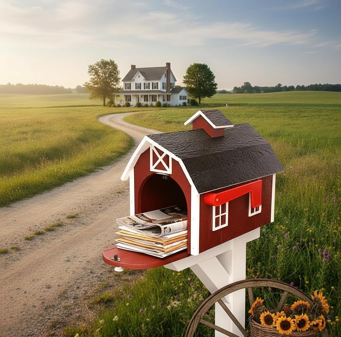 Deluxe Wooden Mailbox, Dutch Barn Style (Red with White Trim)