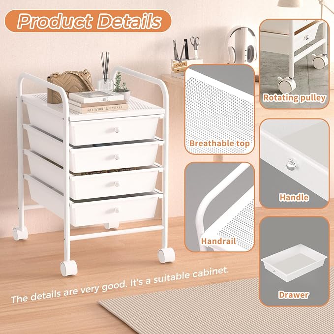 4 Tier Utility Rolling Cart with 4 Drawers Multipurpose Rolling Storage Cart with Wheels and Handles for Office Classroom Kitchen Bathroom Bedroom Organization White