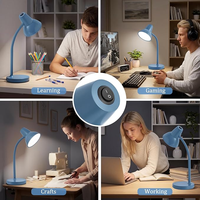 LED Desk Lamps for Home Office, Flexible Gooseneck Eye-Caring Study Lamps | Energy-Saving Desk Light, Anti-tip Heavy Duty Bedside Reading Light, Desk Lamps for College Dorm, Home Office, with 1.6m Cord