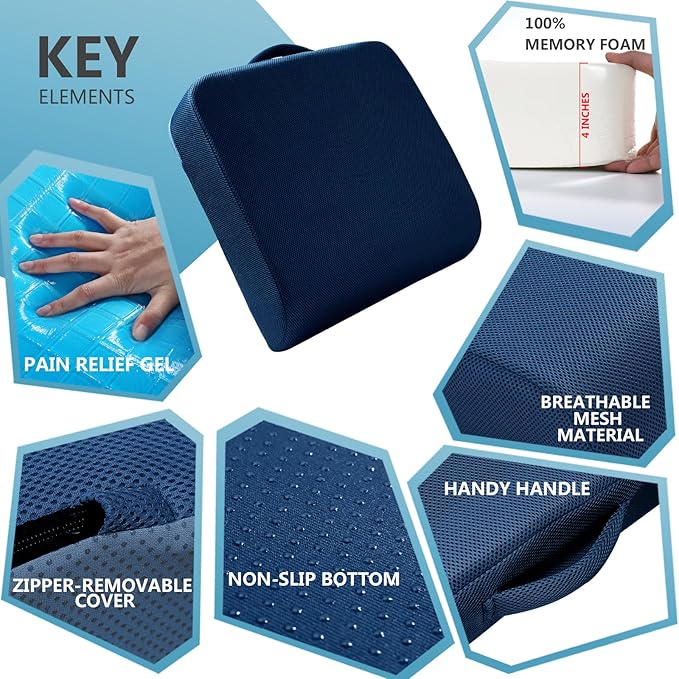 YOUFI Extra Thick Large Seat Cushion -19 X 17.5 X 4 Inch Gel Memory Foam Cushion with Carry Handle Non Slip Bottom - Pain Relief Coccyx Cushion for Wheelchair Office Chair (Blue (1PACK))