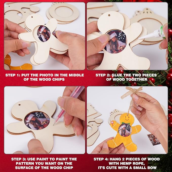 24Pcs Christmas DIY Photo Frame Ornaments, Unfinished Wood Craft Kits | Wooden Photo frames, Hanging Ribbons, Digital Pendants for Two Years. For Kids Holiday Parties, Classroom Crafts Family DIY
