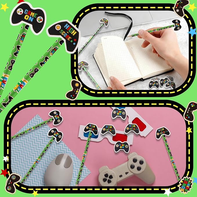 32 Pcs Video Game Pencil Bulk with Eraser Party Favors Gifts Gamer Controllers Pen Goodie Bag Fillers Theme Stationery Set for School Classrooms Exchange Reward Prizes Office School Supplies