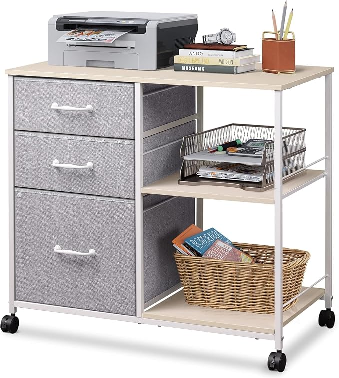 DEVAISE 3 Drawer Mobile File Cabinet with Open Storage Shelf | Rolling Printer Stand, Fabric Lateral Filing Cabinet fits A4 or Letter Size for Home Office, Light Grey