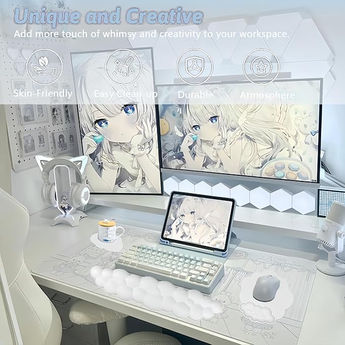 Cloud Wrist Rest Keyboard Cute Cloud Mouse Pad with Wrist Rest for Keyboard and Mouse Leather Cloud Wrist Pad Non-Slip Wrist Support for Computer Gaming Home Office Desk Decor Relief Pain White