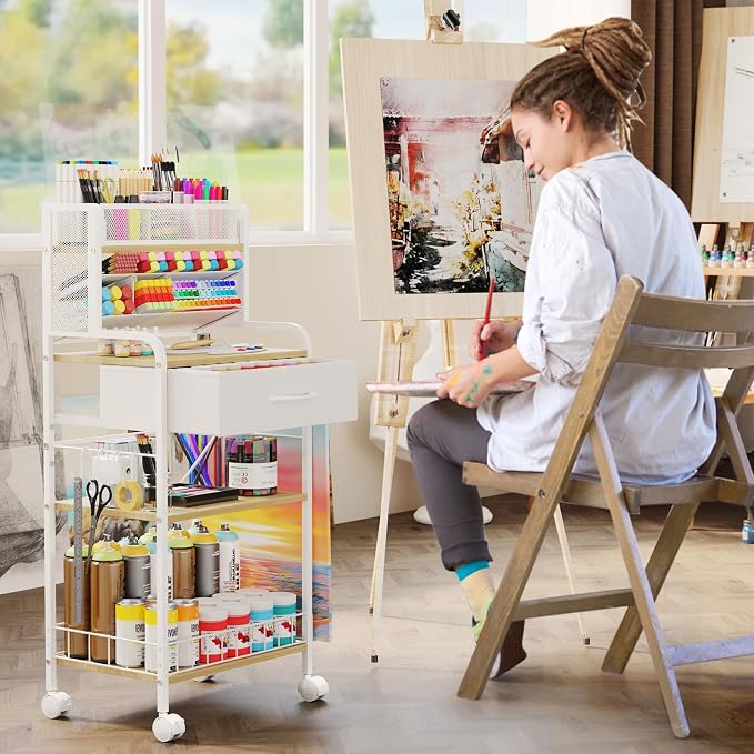 Art cart, 3 Tier Rolling Cart - Utility Cart with Storage Drawer and Wheels, Versatile Art & Craft Organizer for Home, Office, or Studio Ideal for Storing Brushes, Paints （ White）