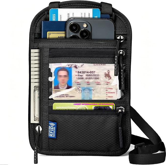 Neck Wallet for Travel, RFID Blocking Passport Holder - Slim Travel Pouch with Adjustable Strap | Holds Phone, Cards, Cash, Documents | Water-Resistant & Secure for Men & Women