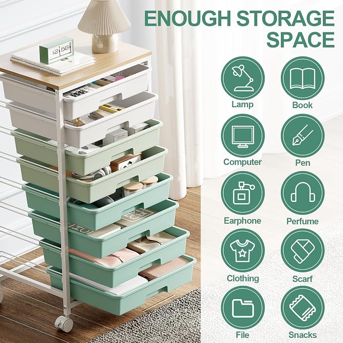 Storage Cart with 8 Drawers, Utility Cart with White Drawers and Wooden Tabletop, Craft Cart, Teacher Organization for Classroom, Storage Furniture, Office Organization, Green | Utility Cart on Wheels with Wooden Tabletop,Teacher Organization for Class...