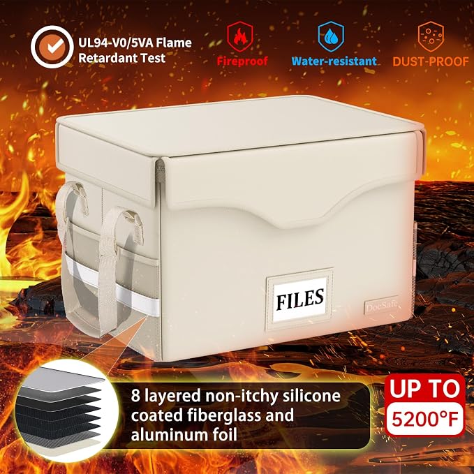 DocSafe 5200°F Fireproof Document Box with Lock,Heat Insulated File Organizer Storage with Pockets,Collapsible Portable Home Office File Safe Box with Handle for Hanging Letter/Legal Folders, Beige