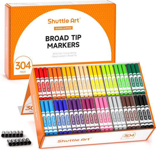 Shuttle Art 304 Pack Washable Markers, 16 Assorted Colors Broad Line Conical Tip Large Markers Bulk with a Box, Bonus Caps, Home Classroom School Supplies for Toddlers Kids Adults Students Teachers