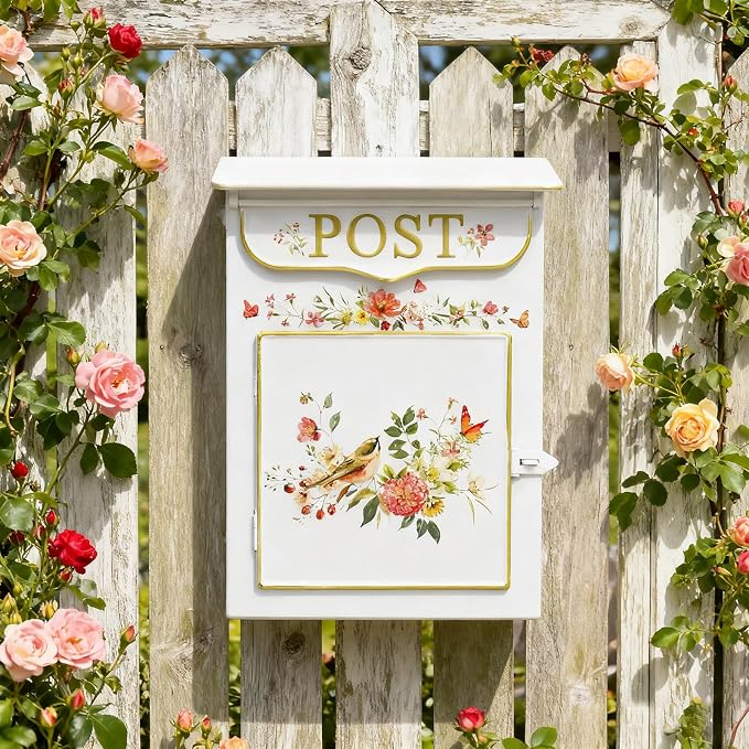 Mailbox Wall Mount Mailboxes for Outside Vintage Mail Boxes for House Outside Metal Drop Box Antique Style Nostalgic Charm Home Decorative, Flower Pattern White