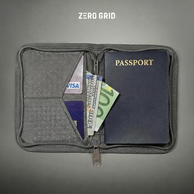 Zero Grid RFID Passport Holder for Passports & Cards, Zippered, Grey | Zippered Travel Wallet for Men & Women, Fits Passport, Cards, Cash, ID, Sim Card; Compact Travel Document Holder, Shadow Grey