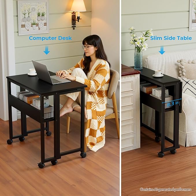 GreenForest Folding Desk with Wheels, 24.8" Rolling Table for Small Spaces | Storage Shelf, Lockable Casters, Compact Portable Workstation, Space-Saving Foldable Sofa Table, Home Office, Mobile, Black
