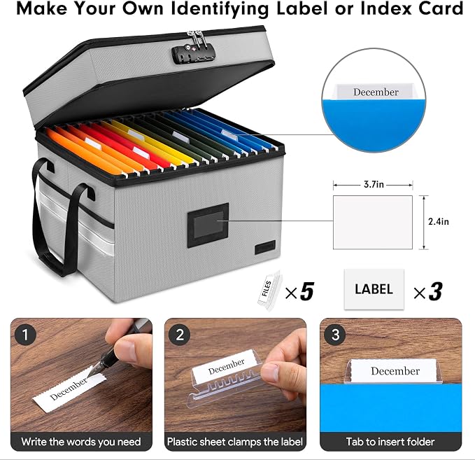 Fireproof File Oganizer with Lock, 2 Layer Fireproof Document Box Storage | Portable File Cabinet Storage Box with 5 Tab Inserts & Handle for Hanging Letter, Legal Size Folder, Certificate