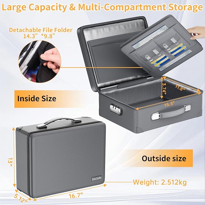 DocSafe 6400°F Fireproof Document Box with Lock, 10 Layers Heat Insulated | Fire&Water Resistant,Hard Case Safe Box with Zipper＆Multi Pockets, Protects Personal Items,Documents,Laptop,Passport,Grey