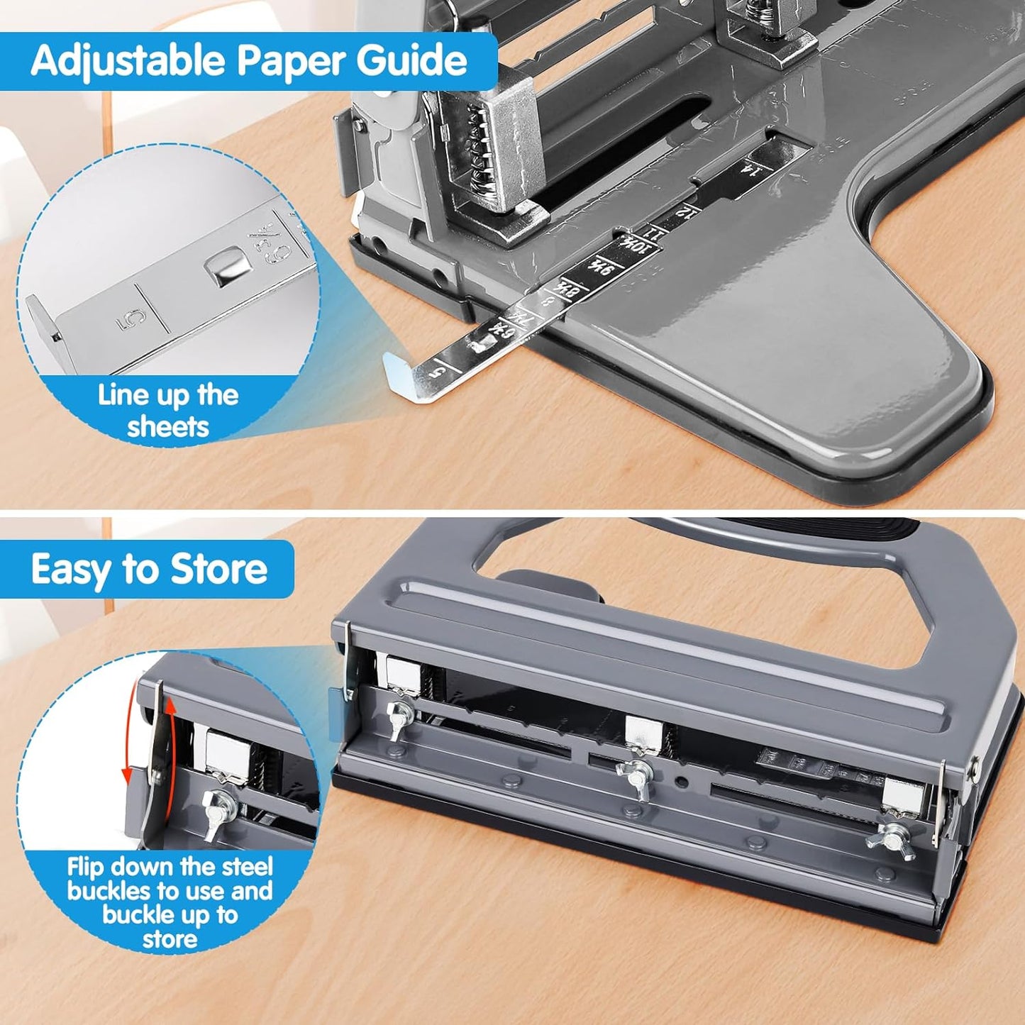 AFMAT Heavy Duty 3 Hole Punch, 50-Sheet, 50% Reduced Effort, Adjustable Two & Three Hole Punch, Metal Paper Puncher w/Large Chip Tray, Metal Paper Guide, Gray