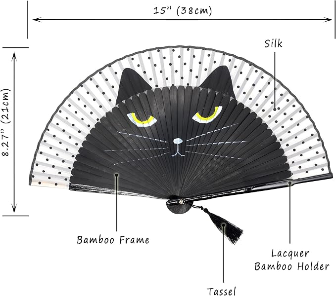 OMyTea "Sexy Cat Folding Hand Held Fan for Women - with a Fabric Sleeve for Protection - Chinese/Japanese Vintage Retro Style for Wedding, Dancing, Church, Party, Gifts (Black)