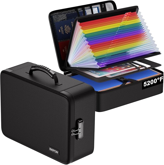ENGPOW 5200℉ Fireproof Document Box with 25 Pockets Accordion File Folder | Heat Insulated Water Resistant File Organizer Box with Lock,Soft Case,Home Travel Safe Storage for Important Documents,Black