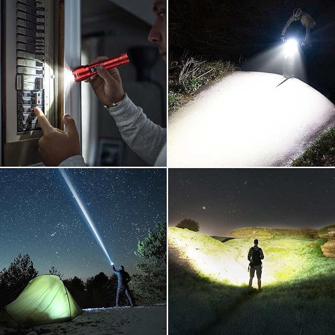 WdtPro LED Rechargeable Flashlight 2 Pack, 3 Modes Super Bright High Lumens Flashlights, Zoomable Tactical Flash Light with LCD Display, IP65 Waterproof Flashlights for Home Emergency Camping - Red