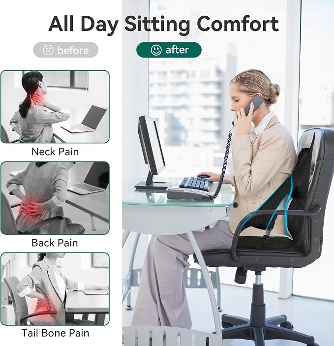 Lumbar Support Pillow Memory Foam, Car Seat Cushion, Office Chair Cushion, One Piece Chair Pad, Improve Posture, Sciatica, Hip & Back Coccyx Tailbone Pain