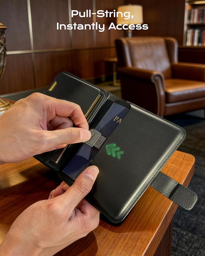 Stouchi AirTag Passport Holder with Pull Strap, RFID Blocking Magnetic Case | Patented 1-sec Pull Strap; Detachable Magnetic Card Wallet; Zero-rattle AirTag Slot; Certified RFID Blocking; Ultra-slim