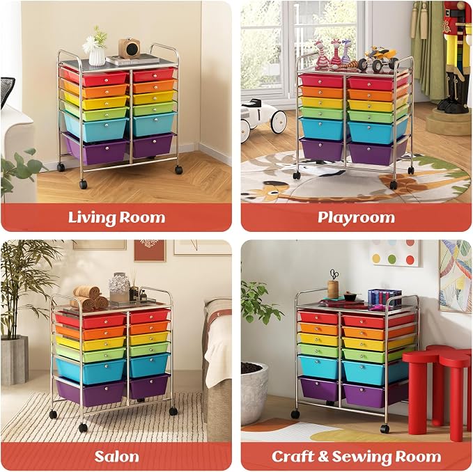 COSTWAY 12-Drawer Rolling Storage Cart, Moveable Art Craft Organizer | Lockable Wheels, Metal Shelf, Files Arrangement Tools Makeup Storage Cart for Office, Home, School (Multi-Color)