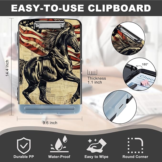 Clipboard with Storage,Storage Clipboard with Pen Holder,Heavy Duty Plastic Storage Clipboard with Low Profile Clip,Teacher Must Haves,Clipboard Folder,Office Supplies,Horse and American Flag