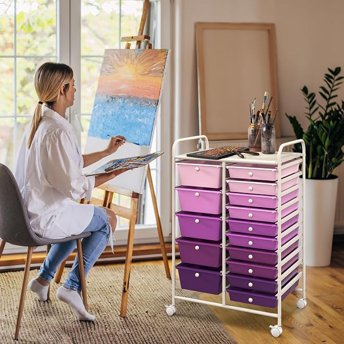 15 Drawer Rolling Storage Cart, Rolling Cart with Drawers for Classroom, Art Supply Craft Organizer on Wheel with Metal Frame & Handles for Home Office School