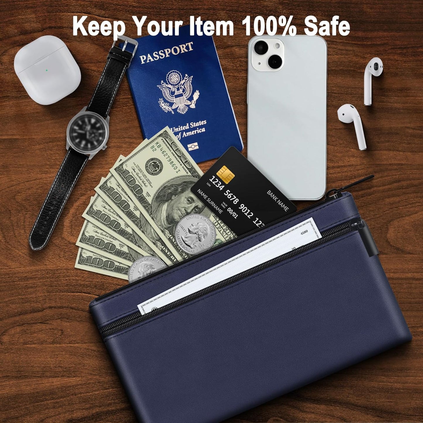 HAUTOCO 2 Pack Money Bag with Zipper 11x6.1 inch Money Pouch with Lined PU Leather Bank Bag Two Pockets Utility Wallet for Cash Check Receipt Coins Cosmetics, Dark Blue