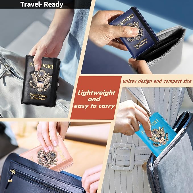 Passport Holder Cover Travel Wallet RFID Blocking Leather Family Passport Organization Personalized Wallet for Men or Women (Blue)