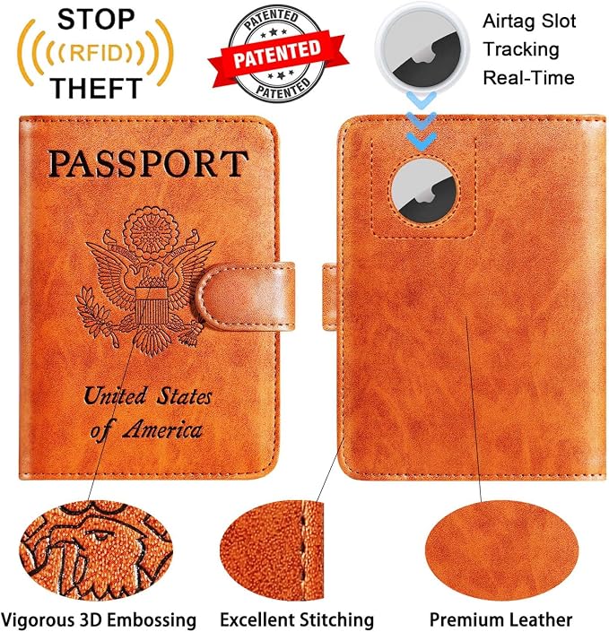Airtag Passport Holder Cover Wallet RFID Blocking Leather Case Travel Essentials Luggage Accessories Travel Must Have(118#Claybank)