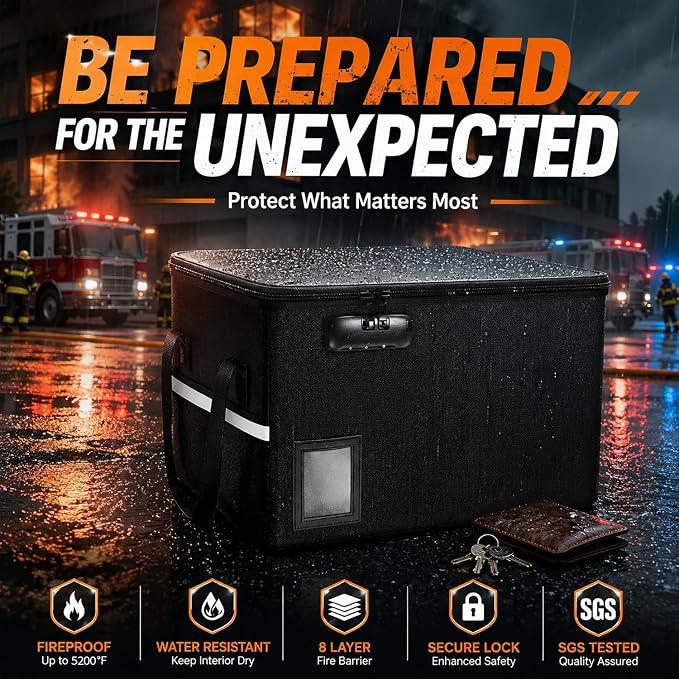 File Box with Lock 5200°F with Heat Insulated, Large Fireproof Box File Storage Organizer Anti-Static,Collapsible Fireproof Document Filing Box with Handle,Portable Home Office Safe