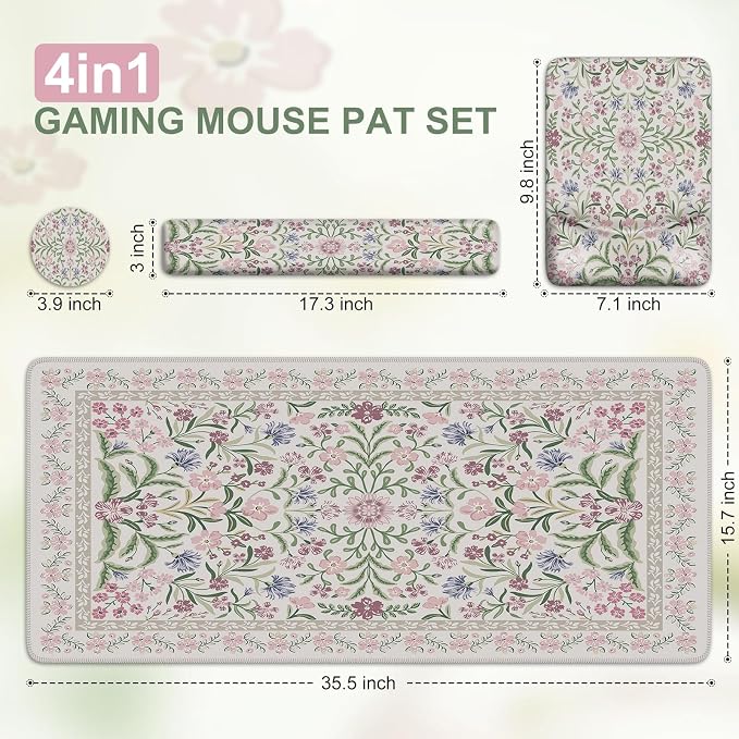 iCasso Mouse Pad with Wrist Rest, Large Desk Mat Set, Purple | Ergonomic Keyboard Pad with Wrist Support, Non-Slip Mouse Mat for Women, Cute Floral Computer Mat for Home Office Gaming